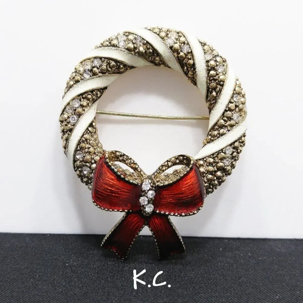 Vintage Christmas Wreath Enamel Brooch, Red Bow, 1960s, 2 Inches